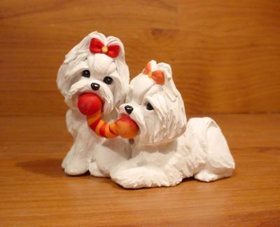 Original Maltese Playful Pair Dog Sculpture Claydogz Mandyo OOAK
